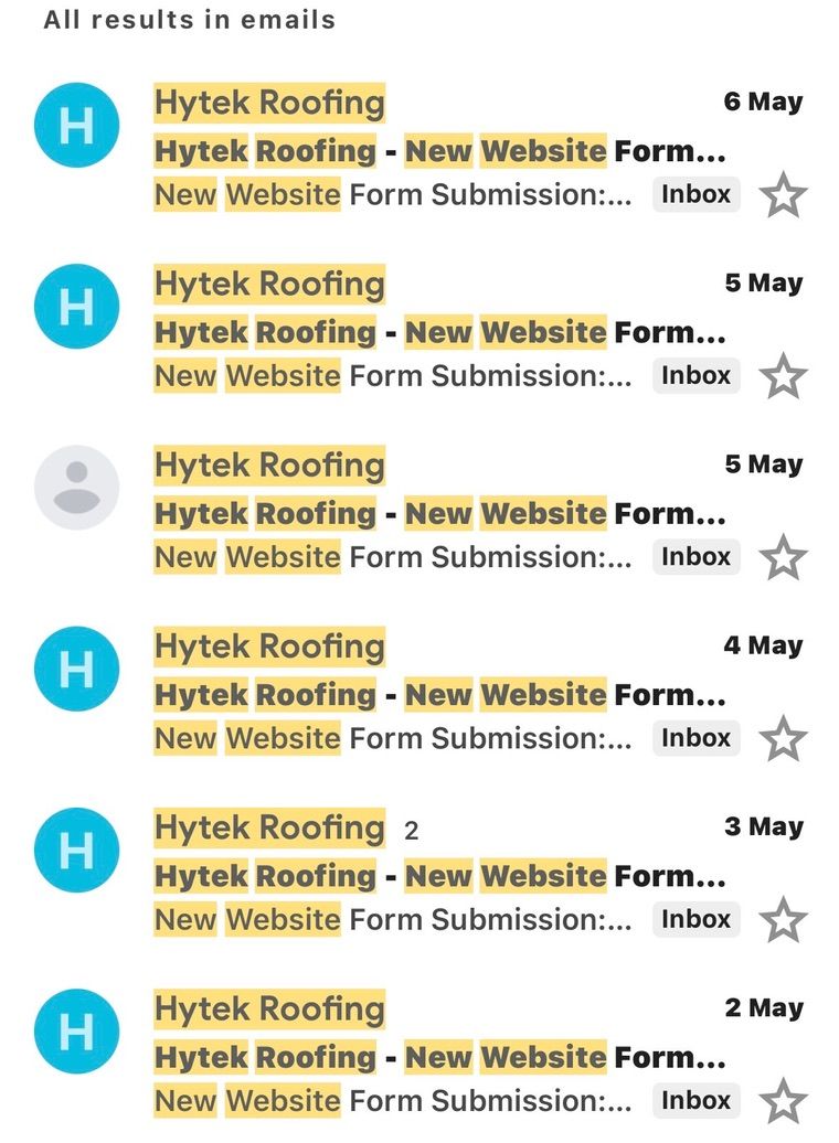 Six website enquiry emails to Hytek Roofing dated between 2 and 6 May